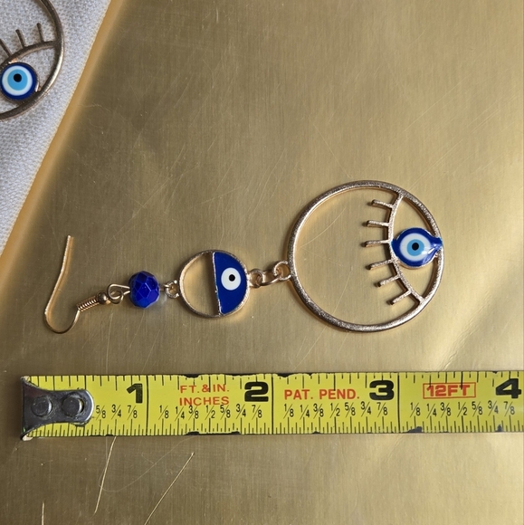 Elegant Gold Tone Blue Evil Eye Earrings - Picture 4 of 15